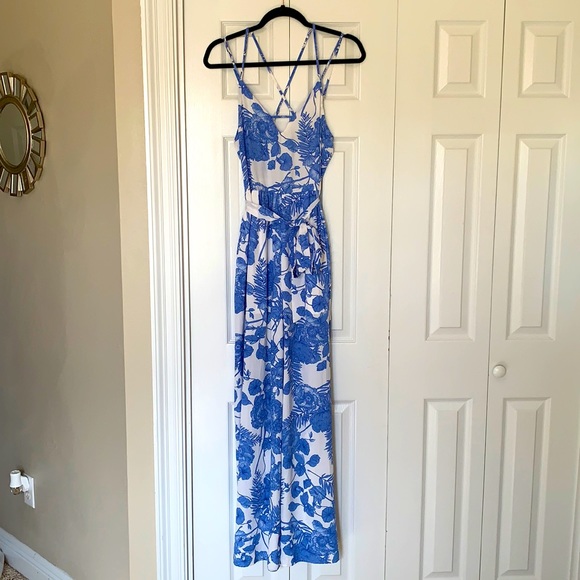 My Michelle Blue and White Linen Jumpsuit - Picture 3 of 9